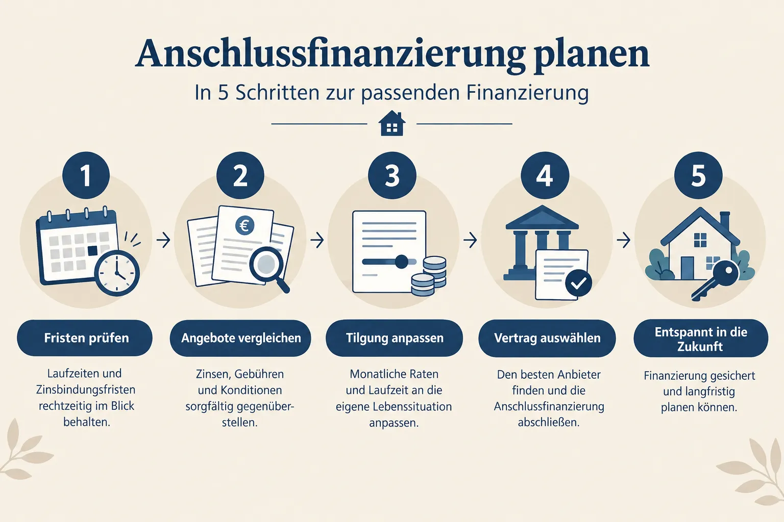 Anschlussfinanzierung in fünf Schritten: Fristen prüfen, Angebote vergleichen, Tilgung anpassen, Vertrag auswählen und langfristig planen