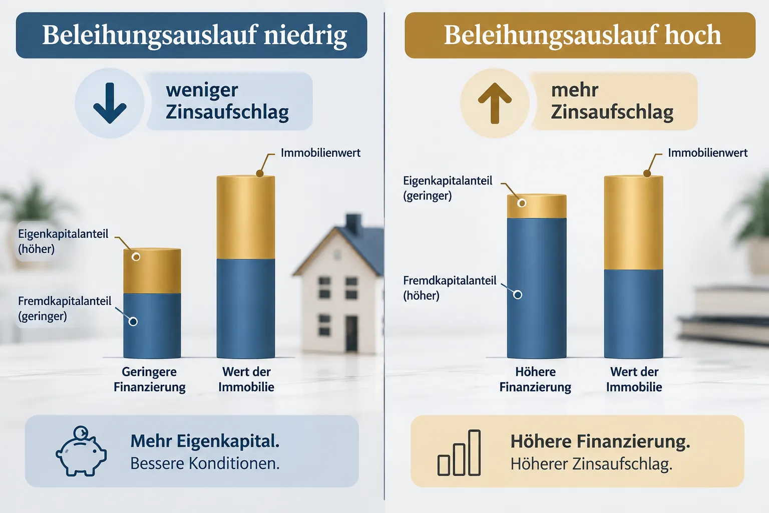 Vergleich des Beleihungsauslaufs: Mehr Eigenkapital bedeutet einen geringeren Finanzierungsanteil und in der Regel weniger Zinsaufschlag.