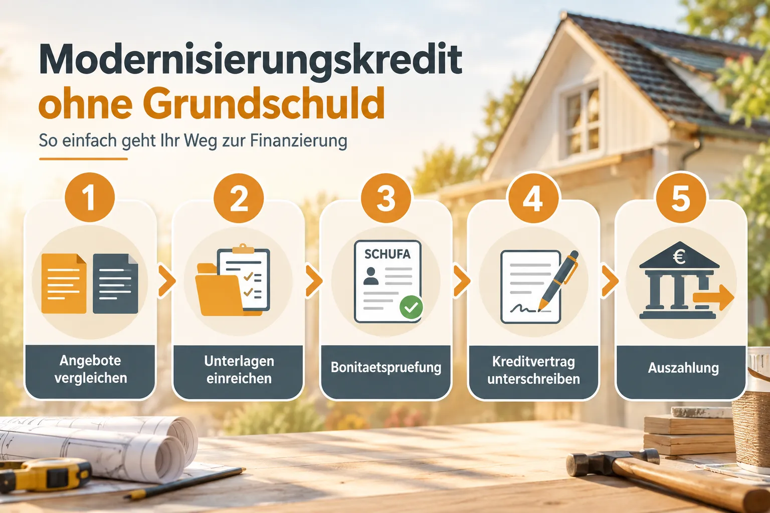 Modernisierungskredit ohne Grundschuld in fünf Schritten: Angebote vergleichen, Unterlagen einreichen, Bonitätsprüfung, Kreditvertrag unterschreiben und Auszahlung